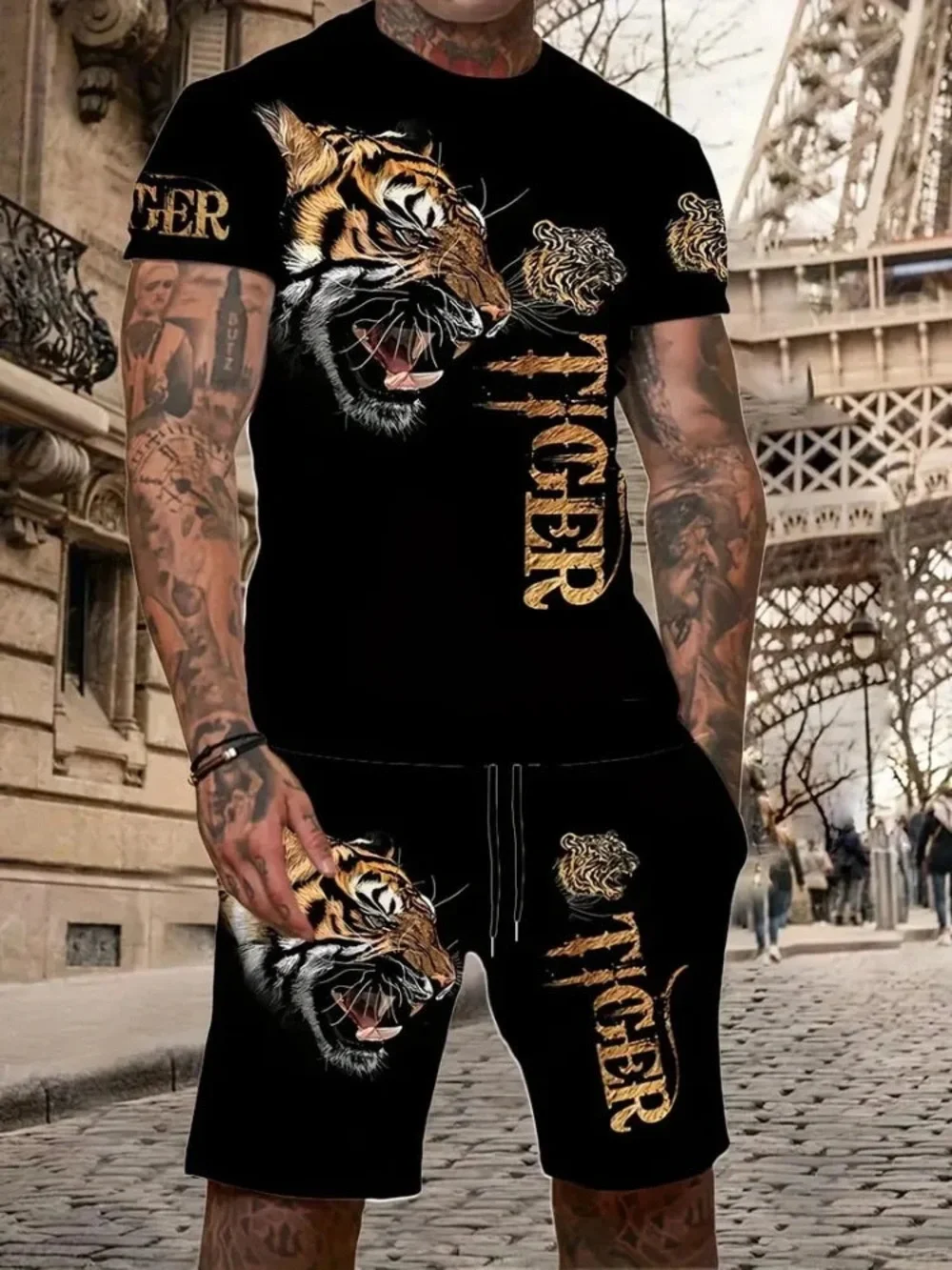 Men's Black Pitbull Graphic Tee & Shorts Set by